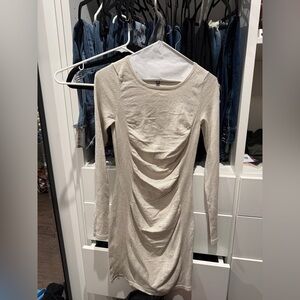 Express Cream and Gold Metallic Sheen Long Sleeve Ruched Dress